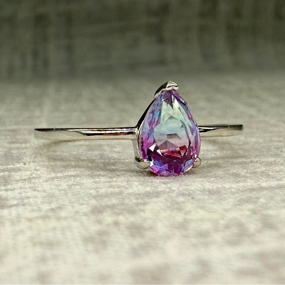 New Sterling Silver & Pear-Cut Lab Candy Tourmaline Ring, Size 7